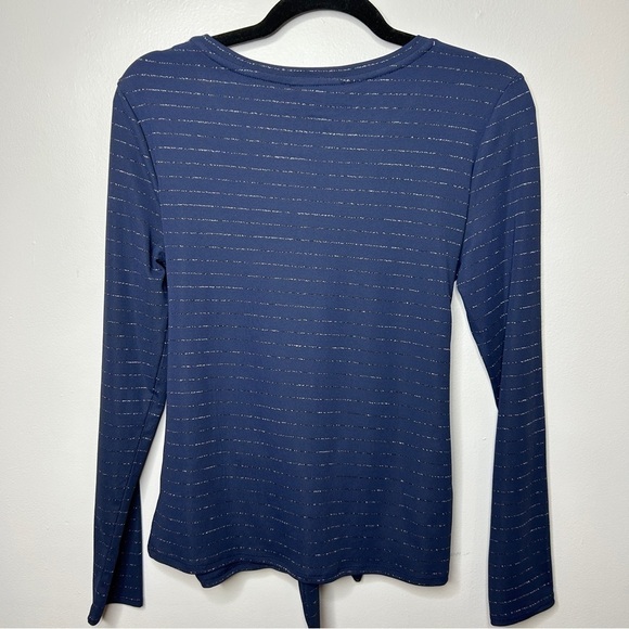 Highline Collective Tie Front Long Sleeve Metallic Stripe Top Medium Blue NWT - Picture 11 of 11